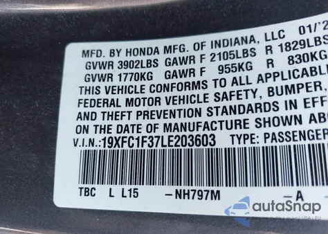 2020 Honda Civic Ex z USA, uszkodzony, nr VIN 19XFC1F37LE203603